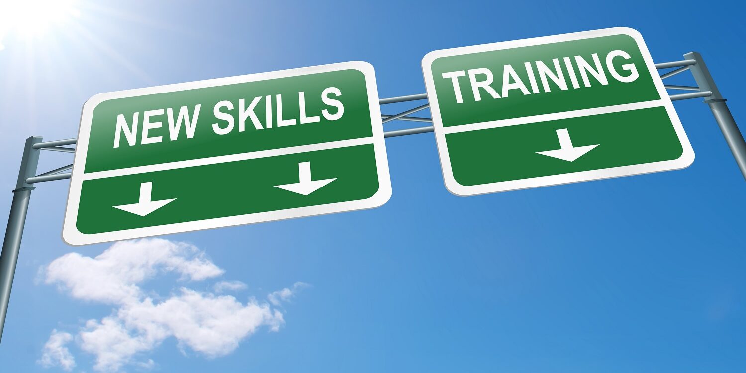 Illustration depicting a highway gantry sign with a new skills and training concept. Blue sky background.